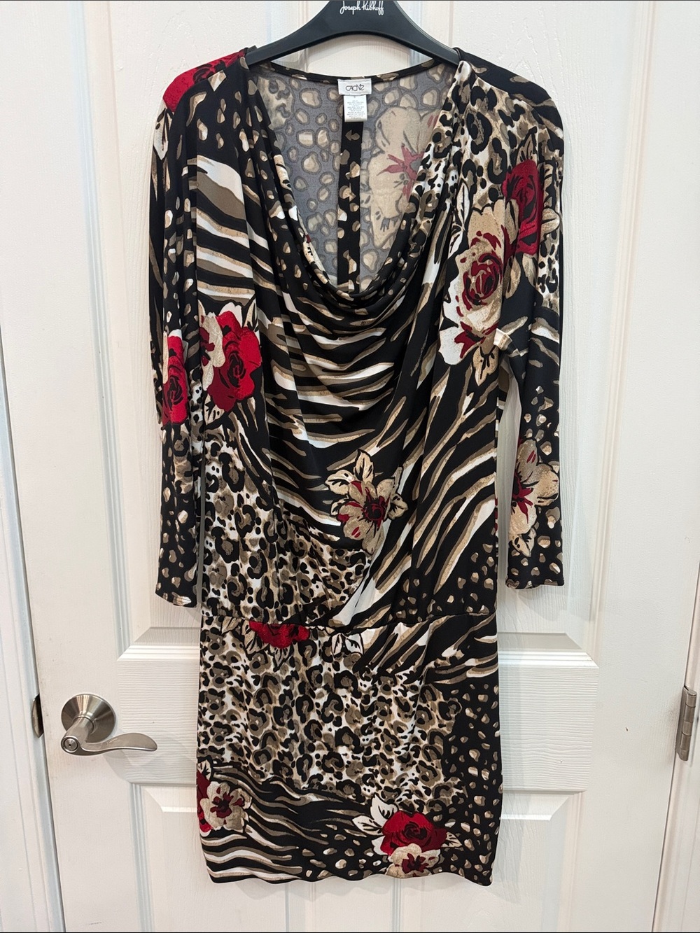 Cache Long Sleeve Cowl Neck Dress in Black, Red, Cream, and Tan